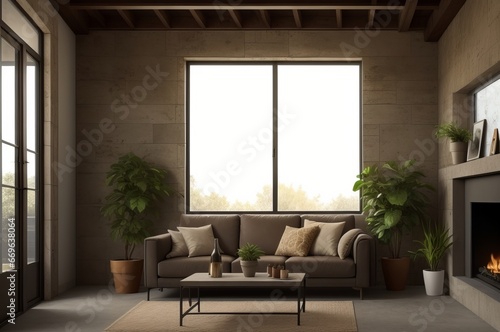 Brown concrete stucco wall and pot with plant  interior background of living room. AI Generated