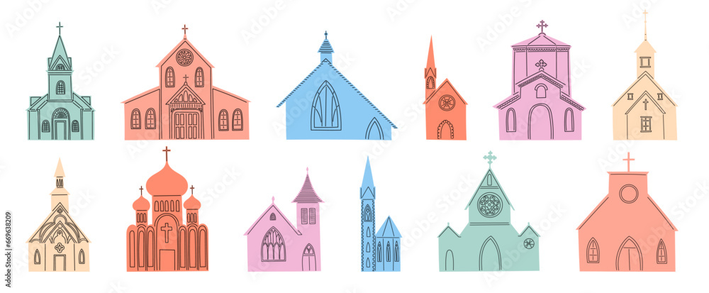 Catholic church. Vintage monastery. Religious architecture. Christians buildings with bell tower. Crosses on roofs. Color stone temples. Simple abbey. Jesus worship. Vector isolated flat chapels set