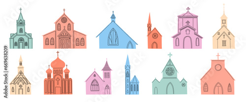 Catholic church. Vintage monastery. Religious architecture. Christians buildings with bell tower. Crosses on roofs. Color stone temples. Simple abbey. Jesus worship. Vector isolated flat chapels set