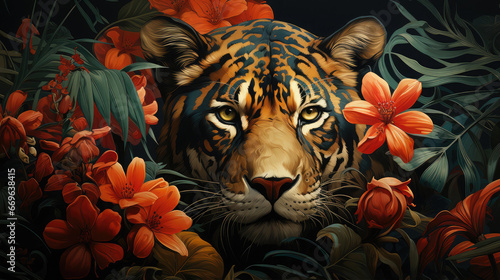 Fototapeta Naklejka Na Ścianę i Meble -  Retro mural photo wallpaper jungle and graceful leaves tropical forest wild beast tiger vintage background graphics painting art card poster print interior - generative AI