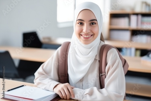 Back to school. Middle eastern muslim school female teenage student posing at the classroom looking at the camera photo
