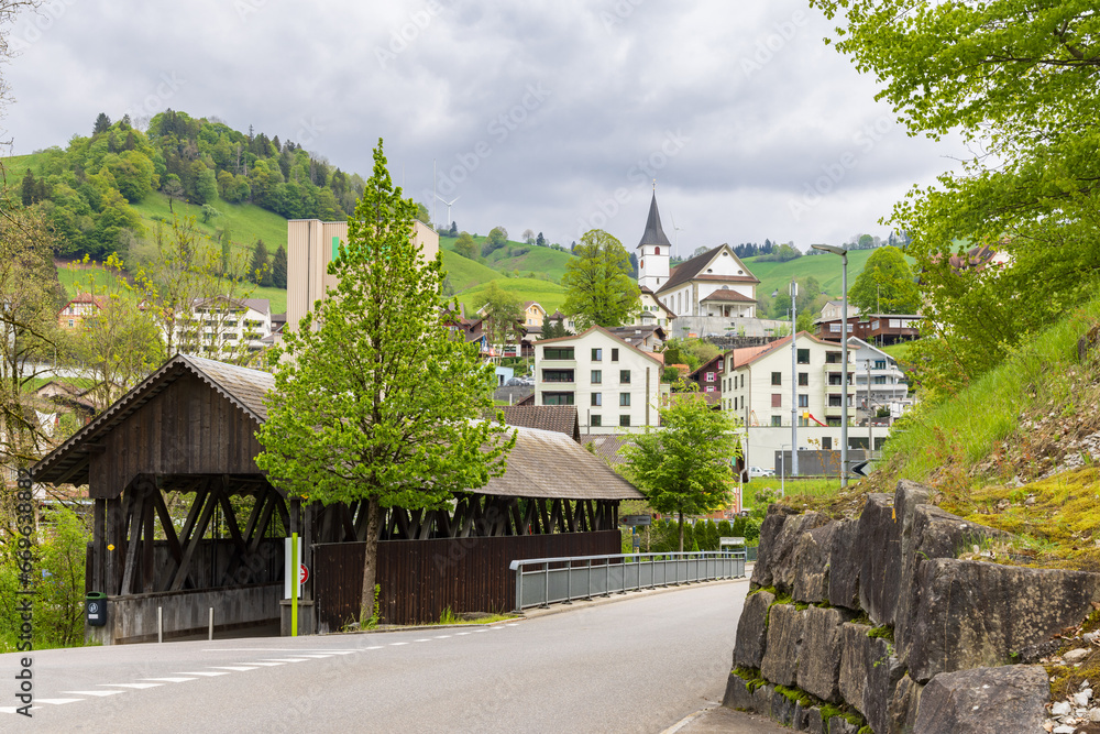Cityscape of Entlebuch with bridge and church in canton Luzern in Switzerland