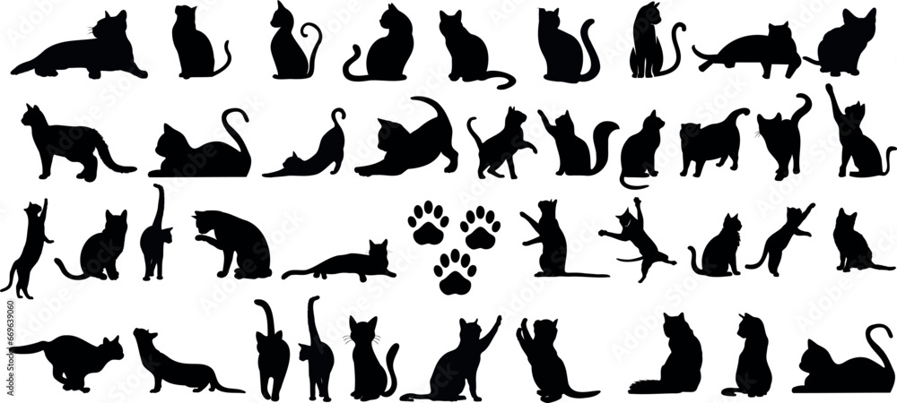 Cat Silhouettes Vector Illustration, perfect for Halloween, cat lovers. Features various cat poses, paw prints. Ideal for pet, animal, feline, domestic, house cat themes