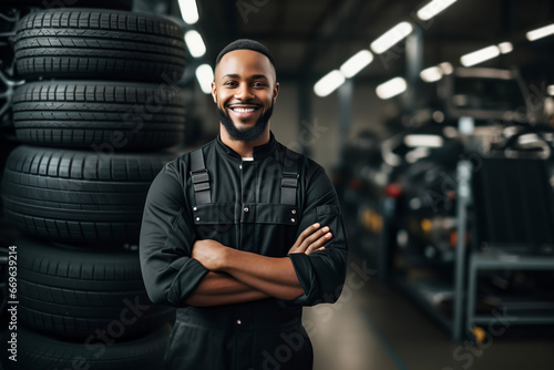 Portrait of African American male auto mechanic working in an auto repair shop and changing wheel alloy tire