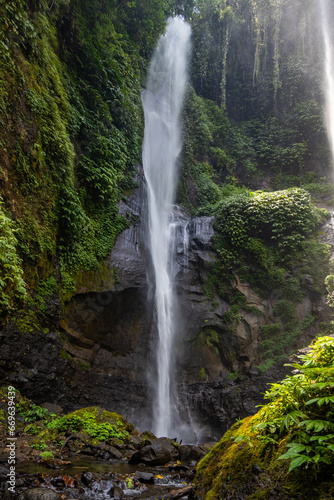 The Sekumpul Waterfall  a large waterfall in the middle of the jungle that falls into a deep green gorge. Trees and tropical plants at Bali s highest waterfall.