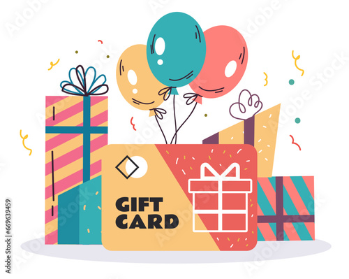 Gift card voucher coupon shop discount certificate present concept. Vector flat graphic design illustration