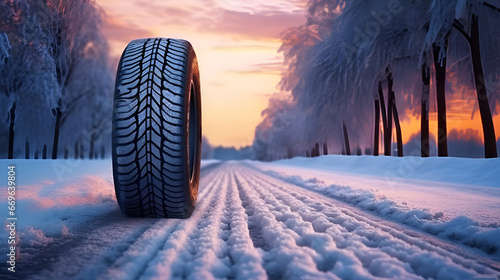 Winter tire on a snow-covered road © Alina