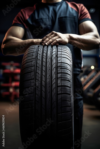 A qualified mechanic at a service station holds a car tire with his hands