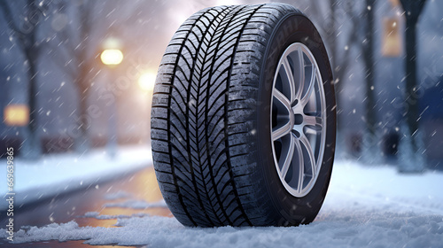 A winter tire on a snow-covered road, ensuring safe and reliable travel © Alina