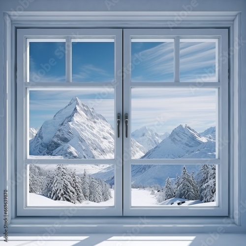 Winter mountain view through the window
