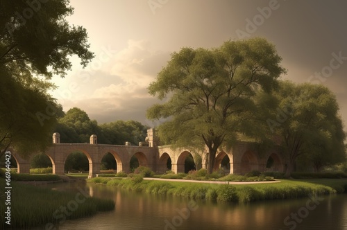 Wallpaper Classic drawing of a palace garden in the Baron style Stone arches overlooking the river and the nature with trees. AI Generated