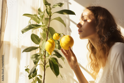 Attractive woman enjoying lemon aroma at home. Return of smell after Covid photo
