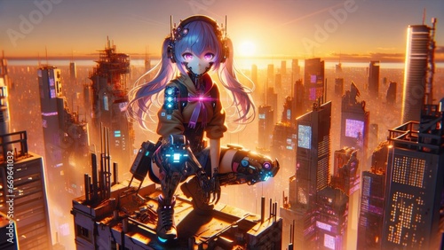 Cyberpunk Gril chilling on the Rooftop of a Skyscraper photo