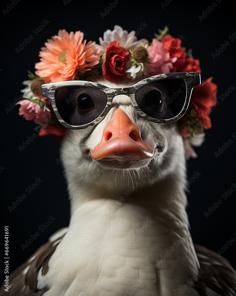 Cool goose portrait in sunglasses with flowers on head