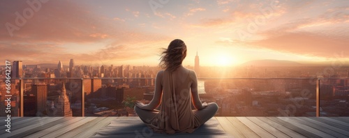 Portrait of a woman meditating on a deck overlooking a city at golden hour