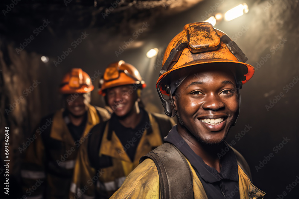 Brutal multiracial miners in safety helmets in a mine extract minerals coal Brutal multiracial miners in safety helmets in a mine extract minerals coal