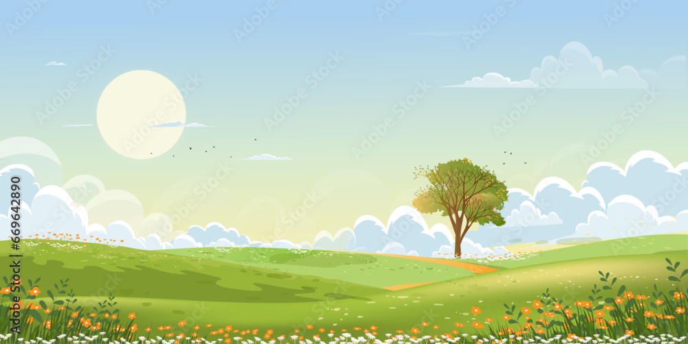 Spring green fields landscape with mountain, blue sky and clouds background,Panorama peaceful rural nature in springtime with green grass land. Cartoon vector illustration for spring and summer banner