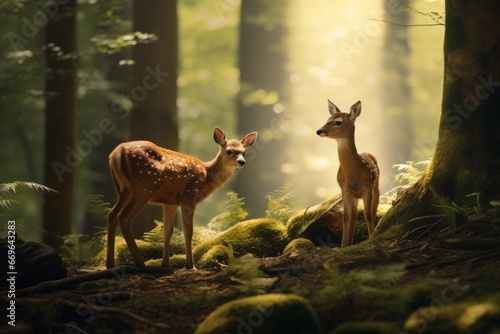fallow deer an her cubdeep in the forest with the first morning lights