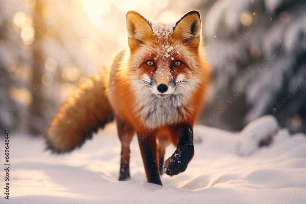 Fototapeta premium a fox looking to camera in the forest in winter