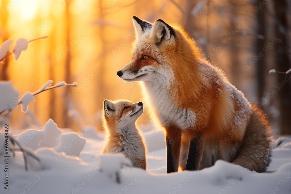 Fototapeta premium a red box and her cub in the winter snow in the forest looking for food