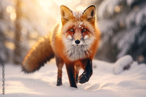 a fox looking to camera in the forest in winter