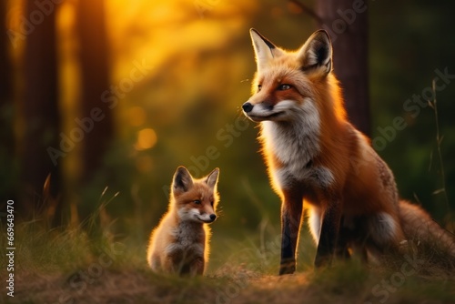 a fox and her cub in the forest under sunset light © urdialex