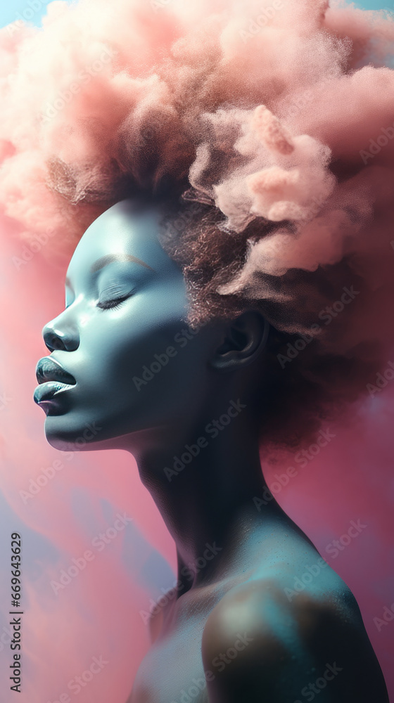 A painting of a afro american woman with colorful hair A painting of a afro american woman with colorful hair