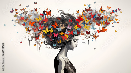 Black and white art abstract illustration woman with butterflies on her head