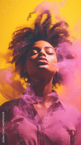 Beautiful afro american woman standing in front of a pink smoke on yellow background