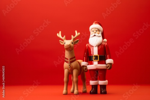 a little toy figurine of Santa claus next to his reindeer rudolph in red christmas background photo