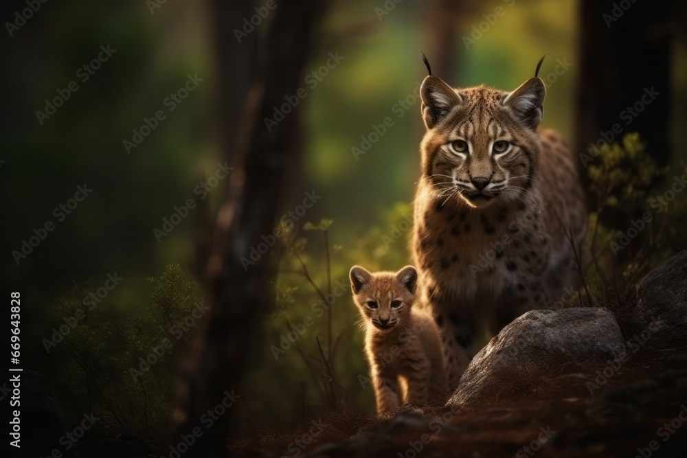 Fototapeta premium mother lynx with her cub looking for food in the forest