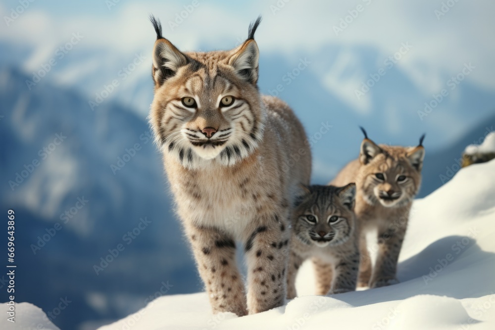 iberian lynx with her two cubs on the winter snow in the forest iberian lynx with her two cubs on the winter snow in the forest