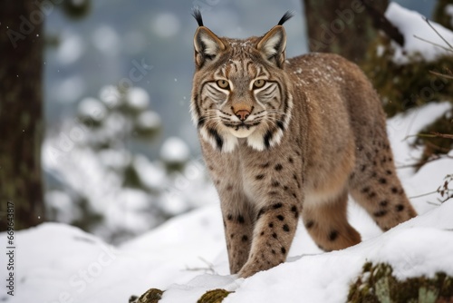iberian lynx looking for food on the winter snow in the forest approaching sigilously