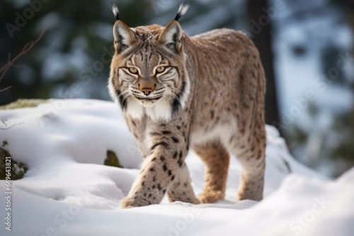 iberian lynx on the winter snow in the forest approaching sigilously