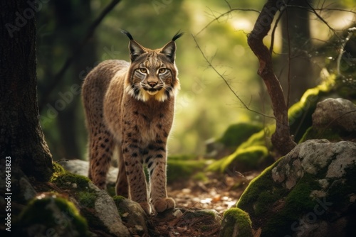 lynx approaching sigilously in the lush forest © urdialex