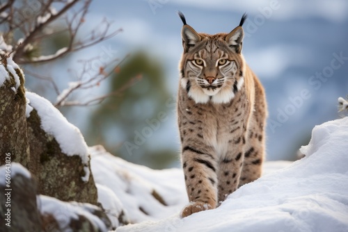 iberian lynx on the winter snow in the forest approaching sigilously