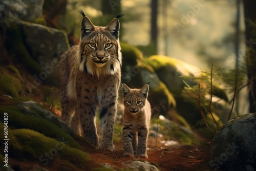 mother lynx with her cub looking for food in the forest