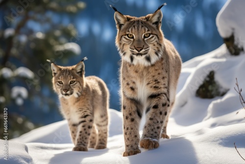 iberian lynx with her cub on the winter snow in the forest