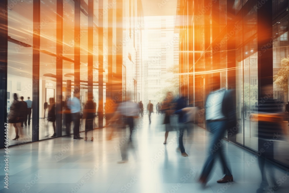 people moving fast in the hall of an office building in the city (long exposure photography)