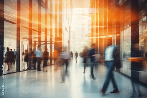 people moving fast in the hall of an office building in the city (long exposure photography)