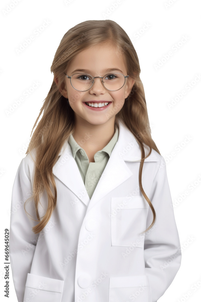 child wearing a doctor costume isolated on a white or transparent background png; kid girl smiling using a medical suit