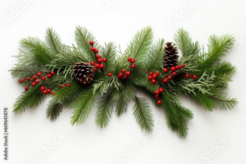 A Festive Pine Branch Adorned With Vibrant Red Berries and Pine Cones Created With Generative AI Technology
