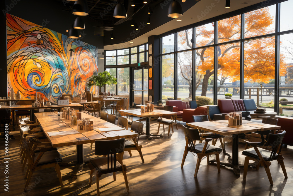 Modern cafe interior showcasing a vibrant mural, with autumn leaves visible through large windows, creating a warm and cozy ambiance.