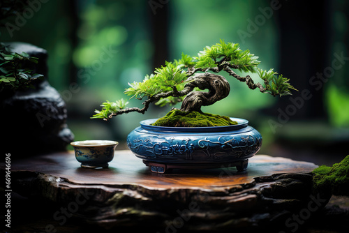 A beautifully detailed bonsai tree rests on a wooden table, accompanied by a delicate tea cup, against a serene, green bokeh backdrop.