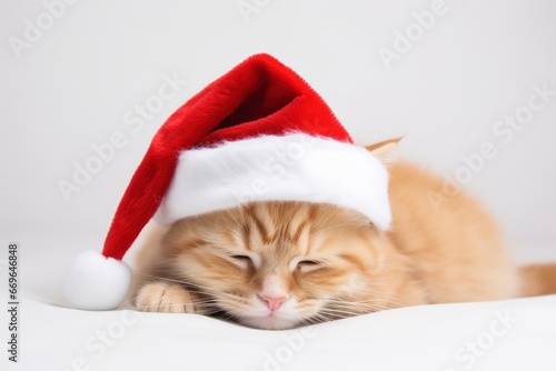 Festive Feline in a Santa Hat Lounging by the Christmas Tree Created With Generative AI Technology