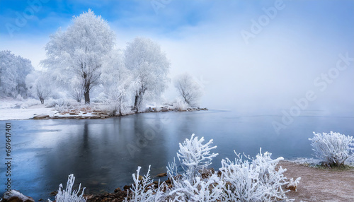 Frost-covered trees on the shore of lake in foggy morning.