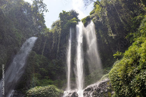 The Sekumpul Waterfall, a large waterfall in the middle of the jungle that falls into a deep green gorge. Trees and tropical plants at Bali's highest waterfall. © Jan
