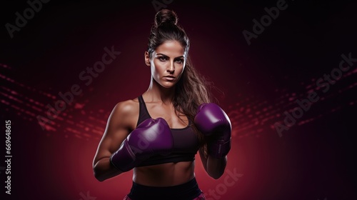 A powerful image of a determined young female boxer, screaming in the heat of battle, isolated against a striking purple backdrop, showcasing her fighting spirit and strength