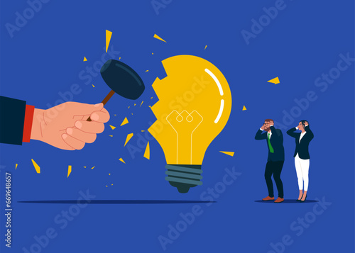 Hand using sledgehammer and breaks light bulb . Vector illustration.
