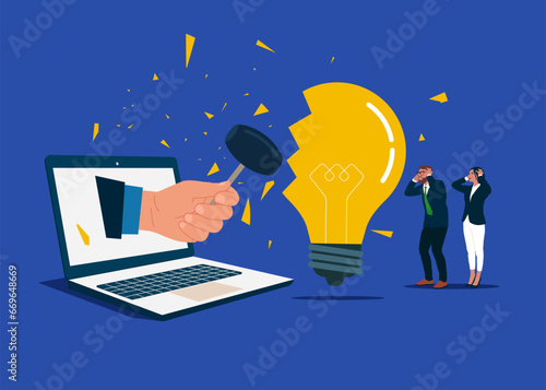 Burnout from overwork. Afraid of business failure. Using sledgehammer and breaks light bulb. Flat vector illustration.